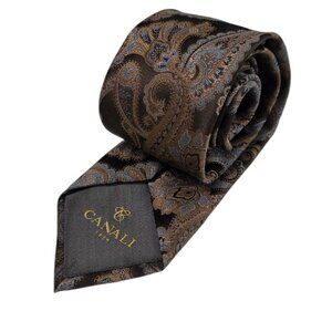 Canali Men's 100% Silk Paisley Print Tie, Buisness, Event, Brown, Blue, Luxury